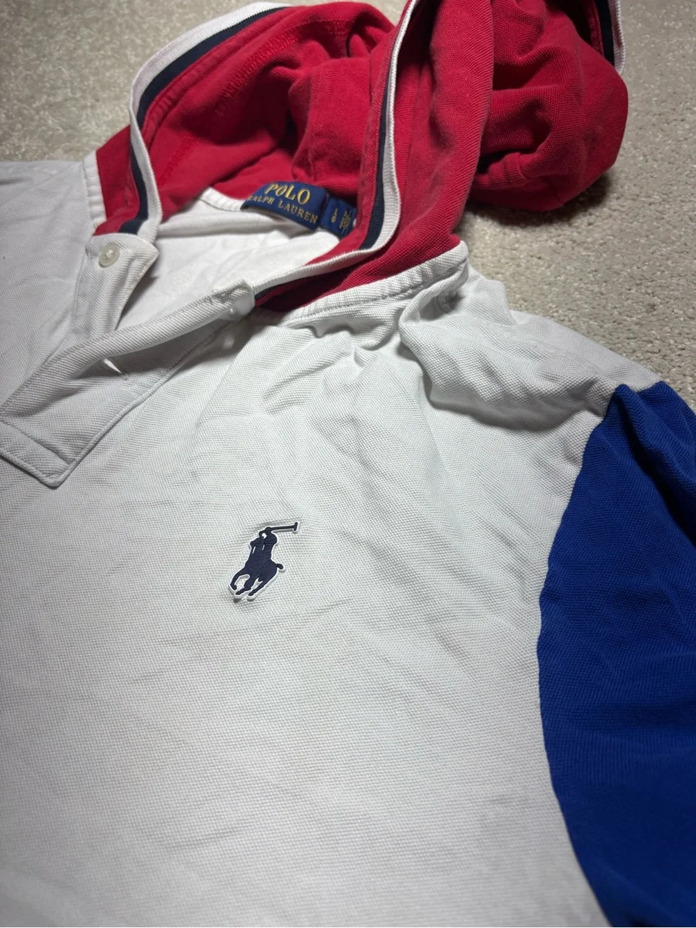 Polo Ralph Lauren Shirt Mens Large White Colorblock Hooded Short Sleeve